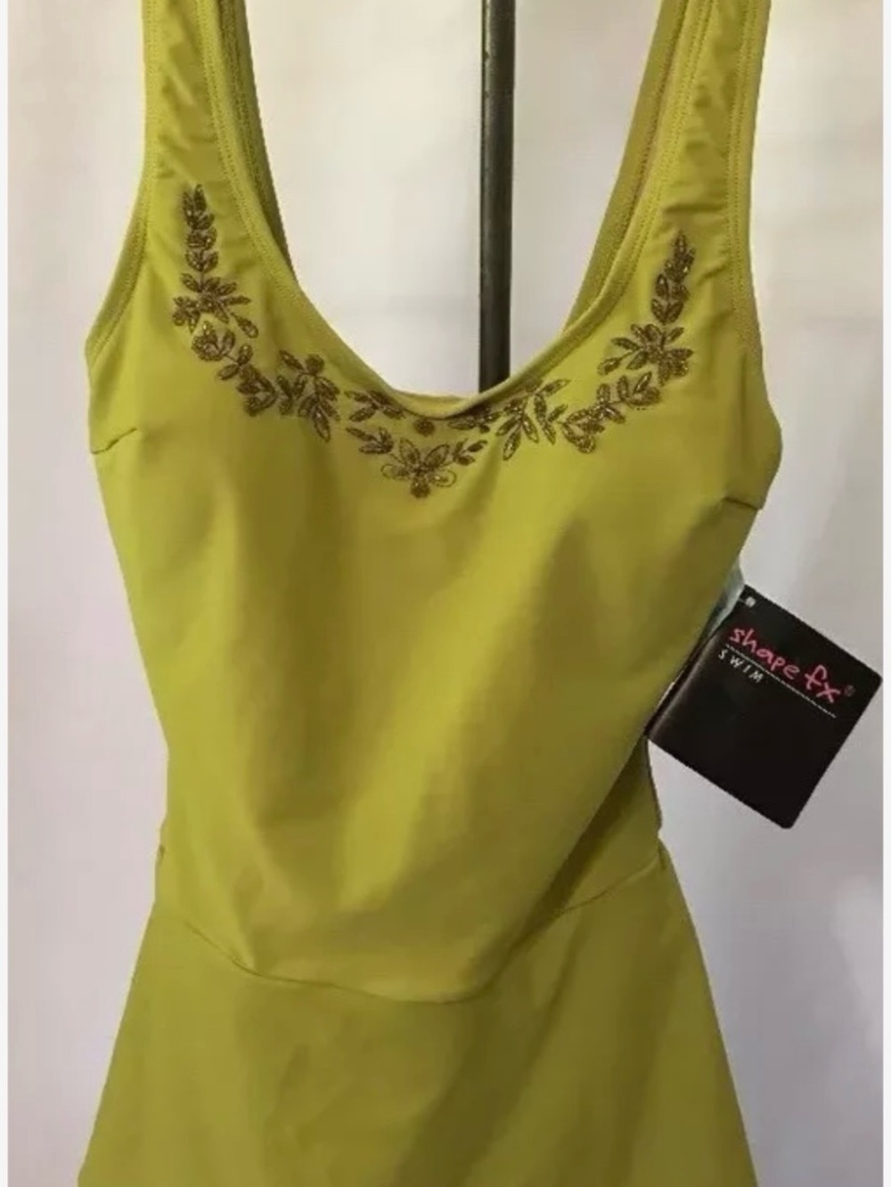 Shape FX Women’s NEW One-Piece Swimsuit Size 4 Olive Green Beaded Neck Design